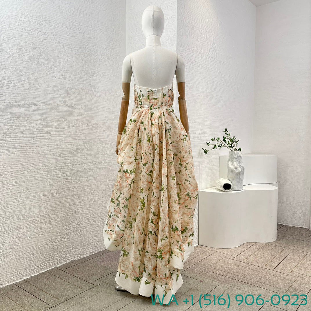 Zimmermann Coral Yellow Rhododendron Floral Print Sleeve Tube Top Asymmetrical Hem Maxi Dress