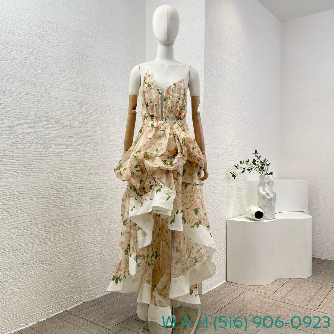 Zimmermann Coral Yellow Rhododendron Floral Print Sleeve Tube Top Asymmetrical Hem Maxi Dress