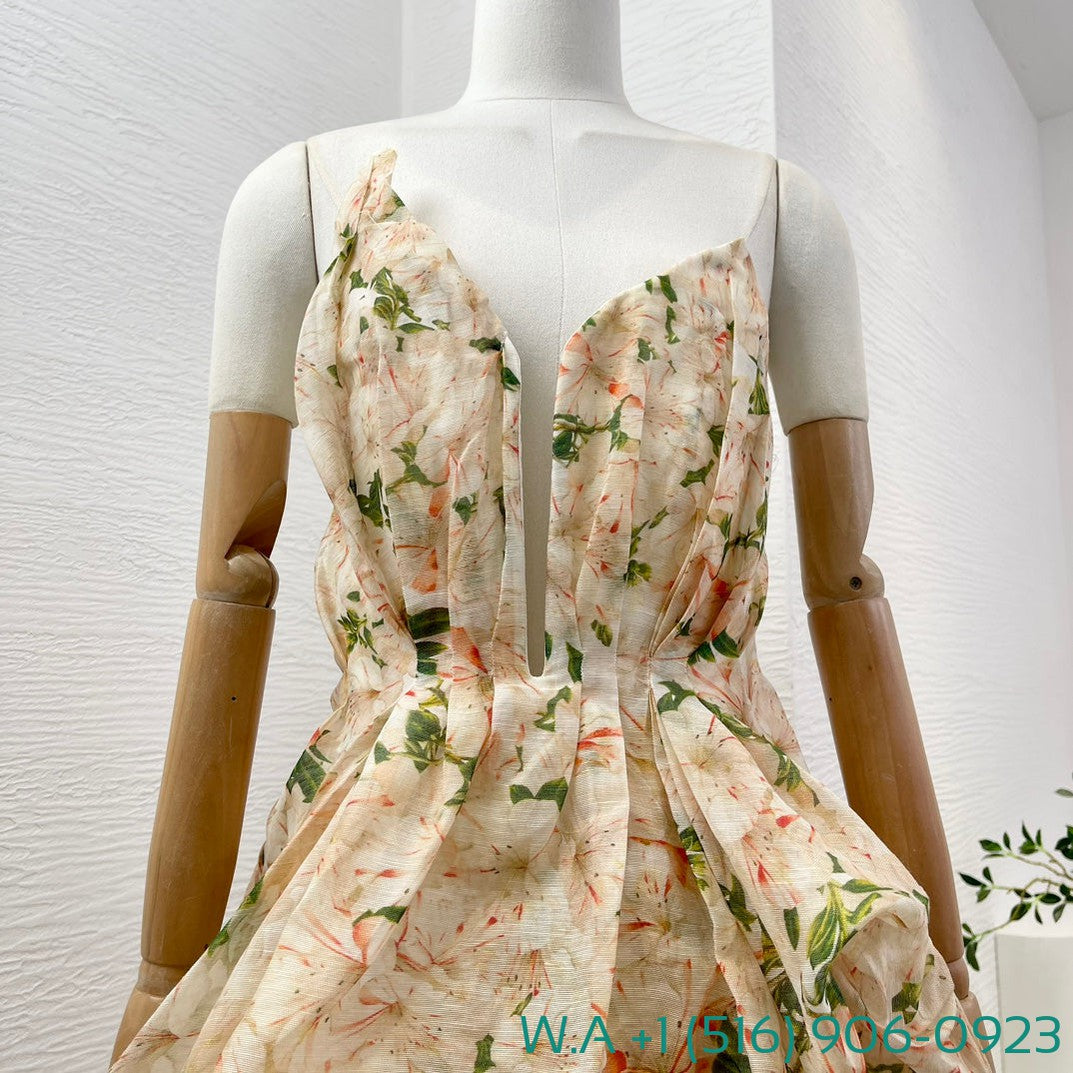 Zimmermann Coral Yellow Rhododendron Floral Print Sleeve Tube Top Asymmetrical Hem Maxi Dress