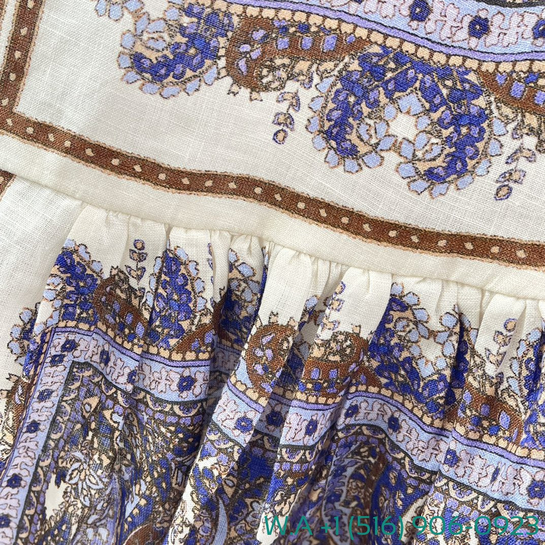Zimmermann Violet Purple White Paisley Print Half Sleeve Mini Dress