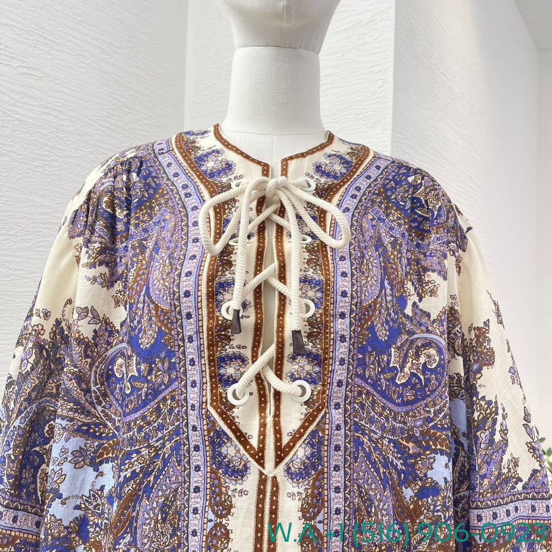 Zimmermann Violet Purple White Paisley Print Half Sleeve Mini Dress