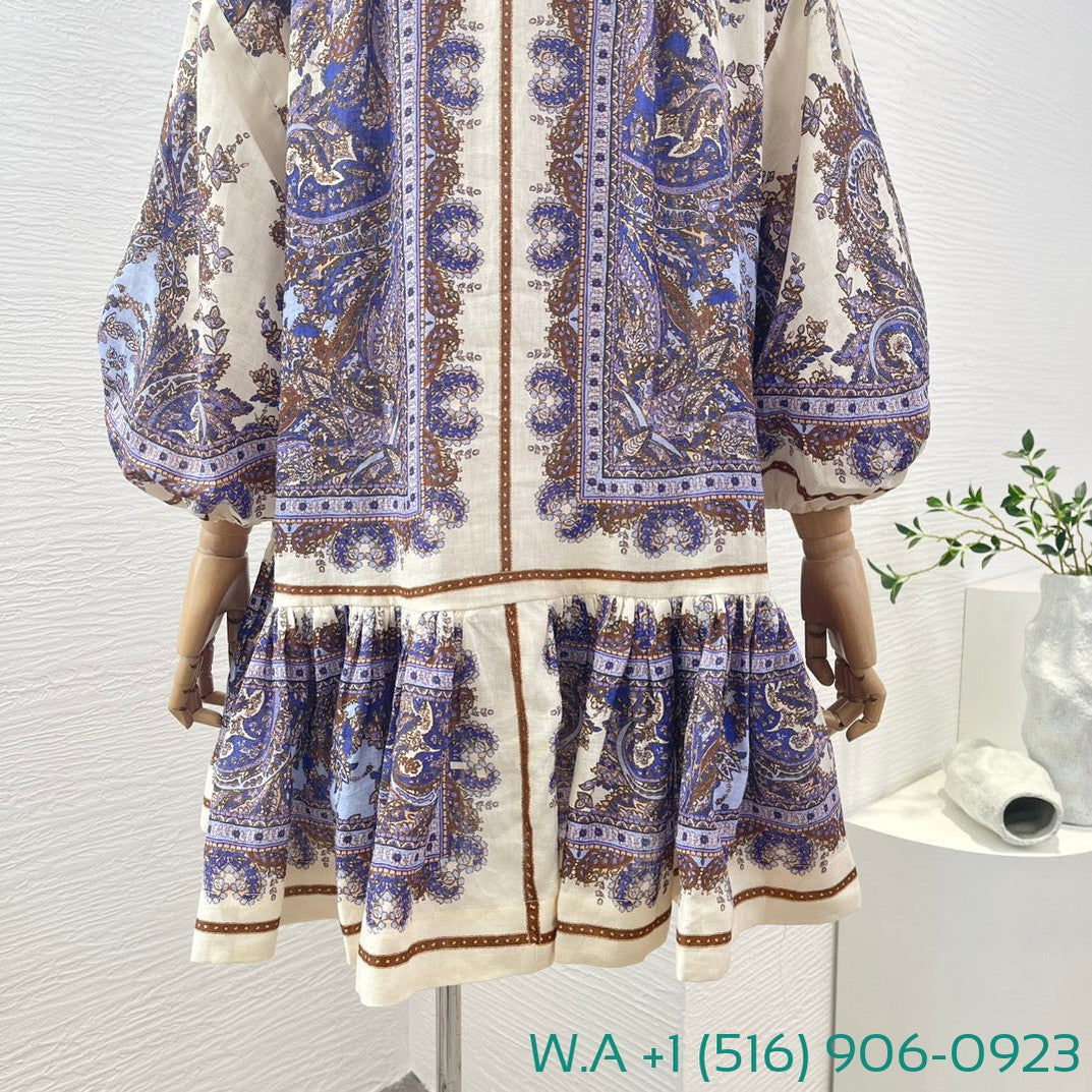Zimmermann Violet Purple White Paisley Print Half Sleeve Mini Dress