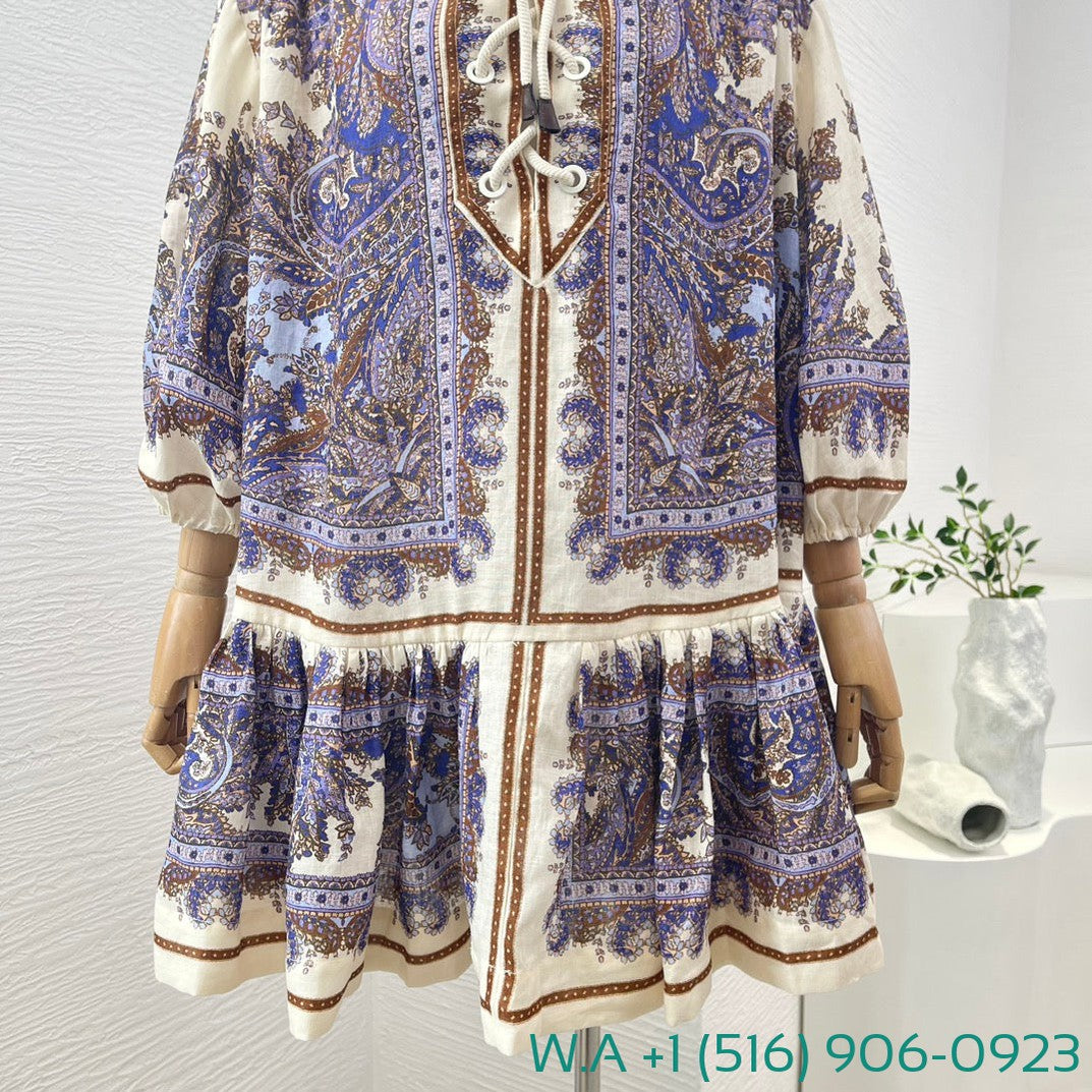 Zimmermann Violet Purple White Paisley Print Half Sleeve Mini Dress