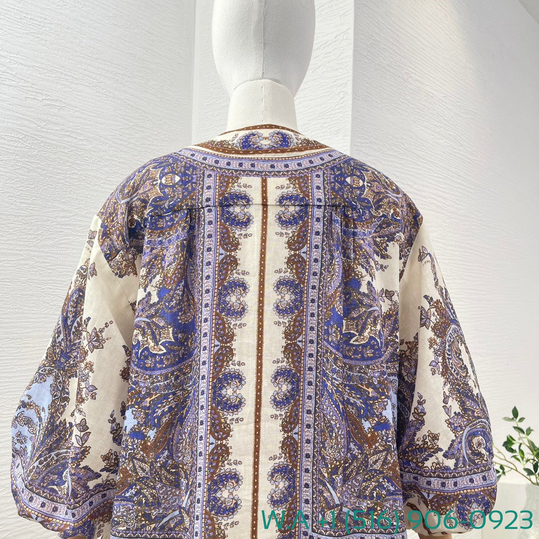 Zimmermann Violet Purple White Paisley Print Half Sleeve Mini Dress
