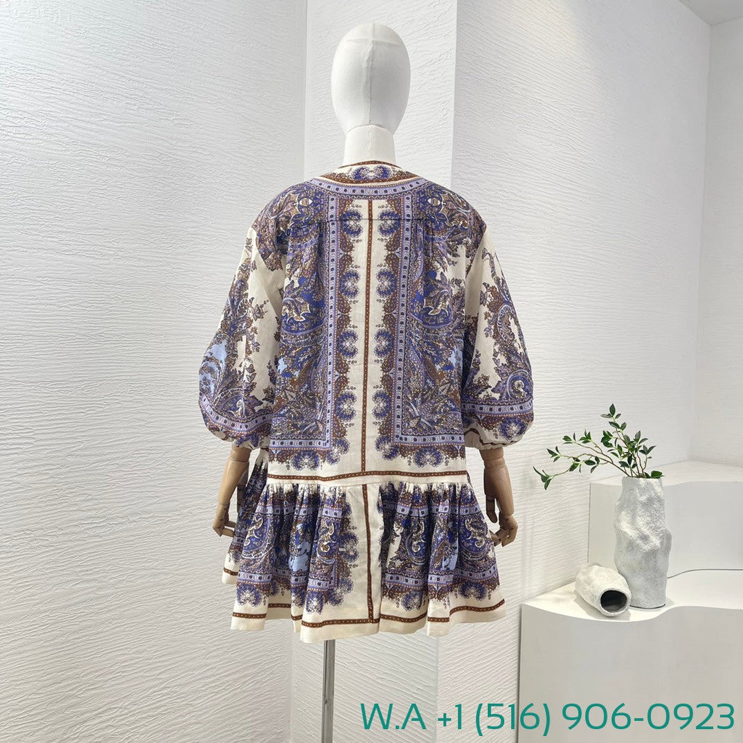 Zimmermann Violet Purple White Paisley Print Half Sleeve Mini Dress