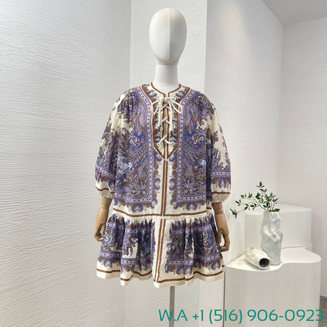 Zimmermann Violet Purple White Paisley Print Half Sleeve Mini Dress