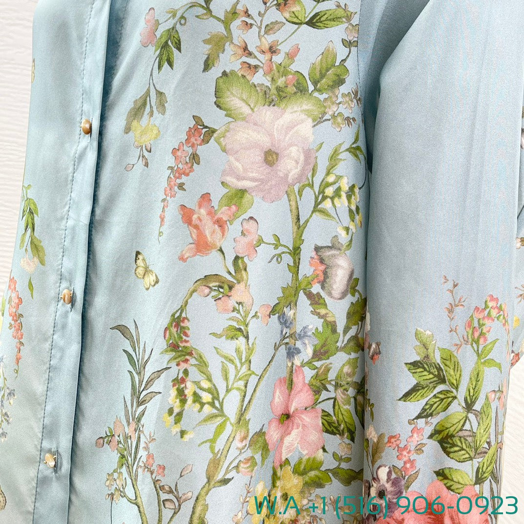 Zimmermann Sky Blue Floral Print Power Spinning Long Sleeve Blouse Tops