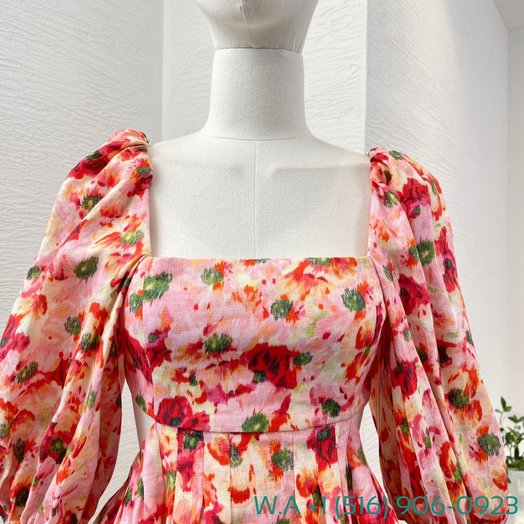 Zimmermann Red Floral Print Half Sleeve Backless Cut Out Waist Square Collar Mini Dress