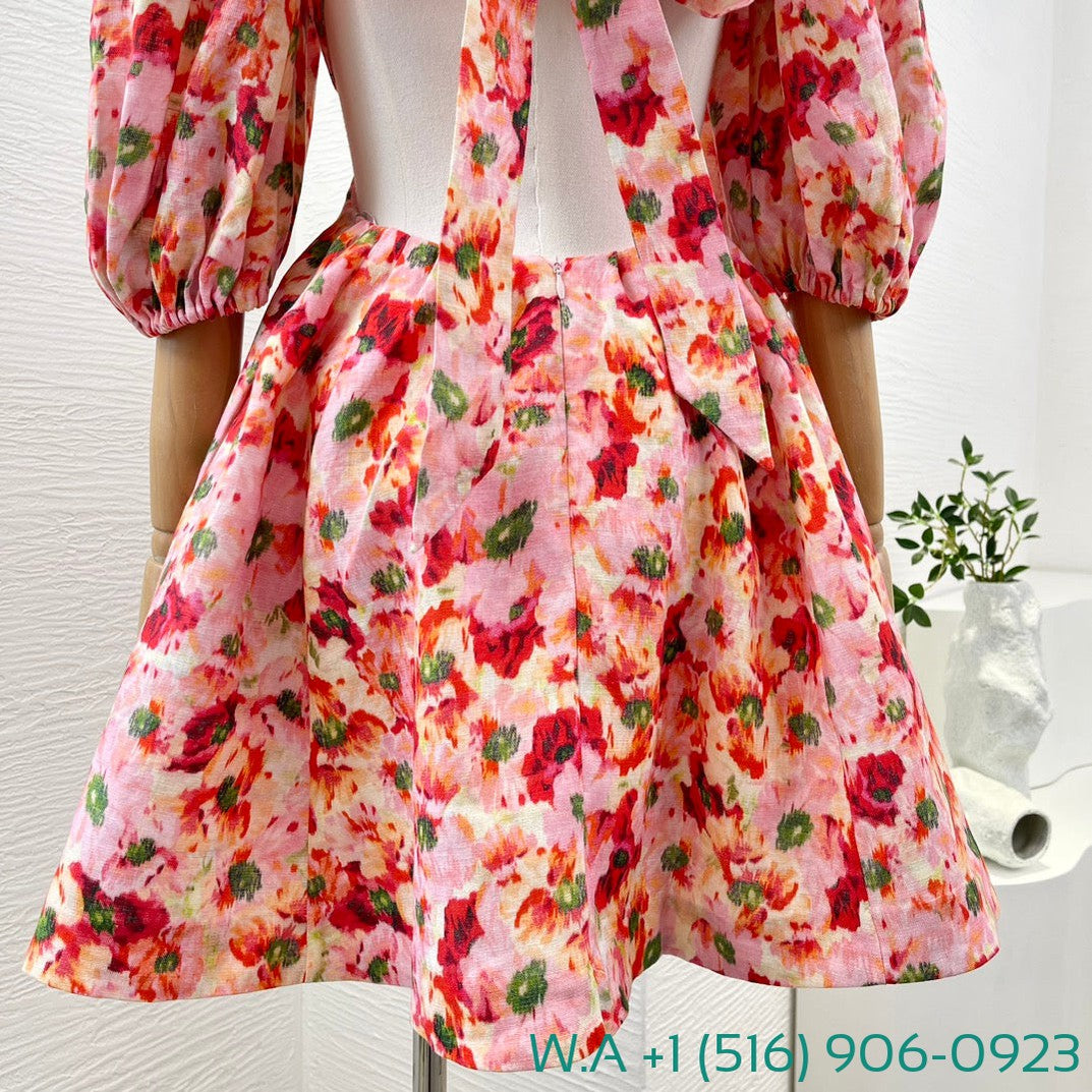 Zimmermann Red Floral Print Half Sleeve Backless Cut Out Waist Square Collar Mini Dress