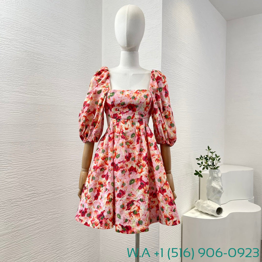 Zimmermann Red Floral Print Half Sleeve Backless Cut Out Waist Square Collar Mini Dress