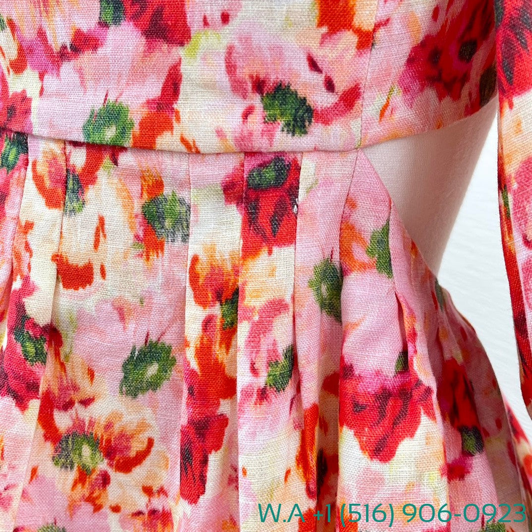 Zimmermann Red Floral Print Half Sleeve Backless Cut Out Waist Square Collar Mini Dress