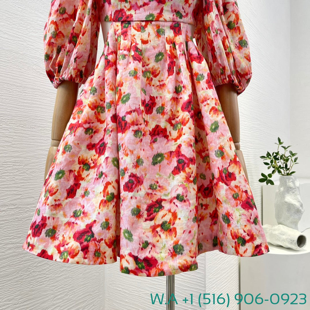 Zimmermann Red Floral Print Half Sleeve Backless Cut Out Waist Square Collar Mini Dress