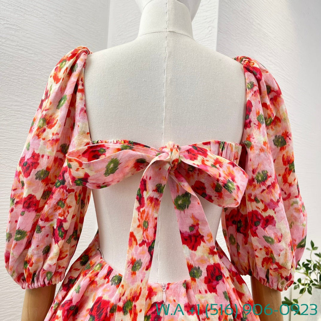 Zimmermann Red Floral Print Half Sleeve Backless Cut Out Waist Square Collar Mini Dress