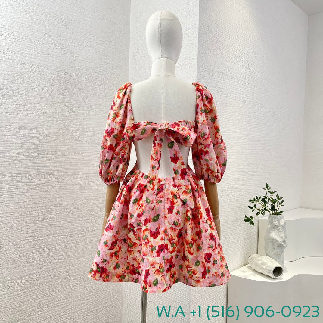 Zimmermann Red Floral Print Half Sleeve Backless Cut Out Waist Square Collar Mini Dress
