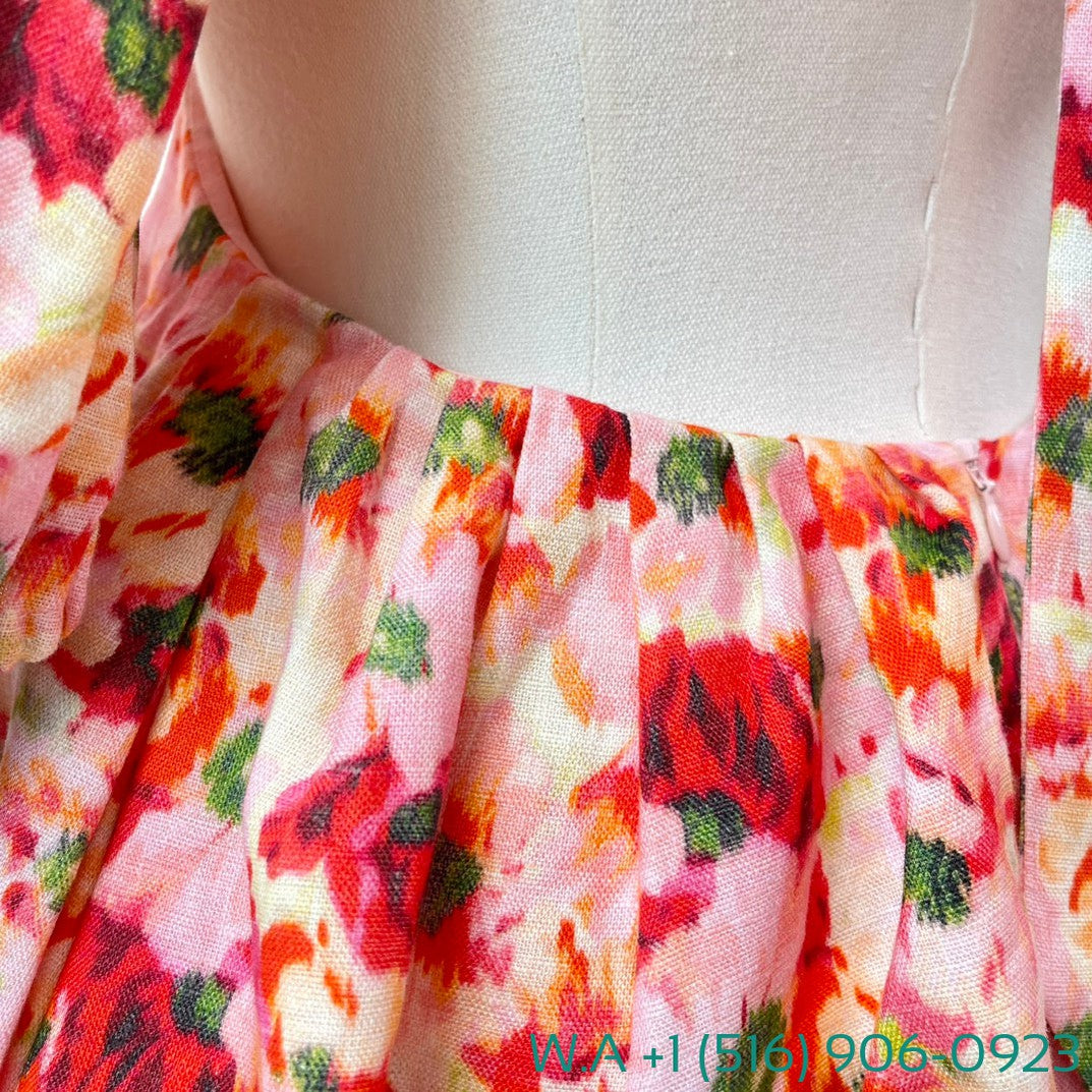 Zimmermann Red Floral Print Half Sleeve Backless Cut Out Waist Square Collar Mini Dress