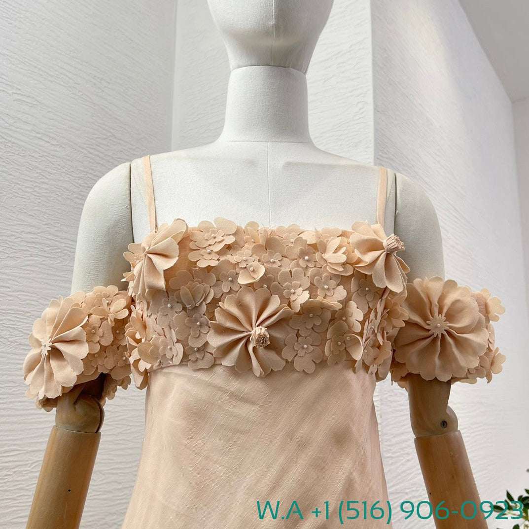 Zimmermann Nude Short Sleeve Flowers Appliqued Off-The-Shoulder Tube Maxi Dress