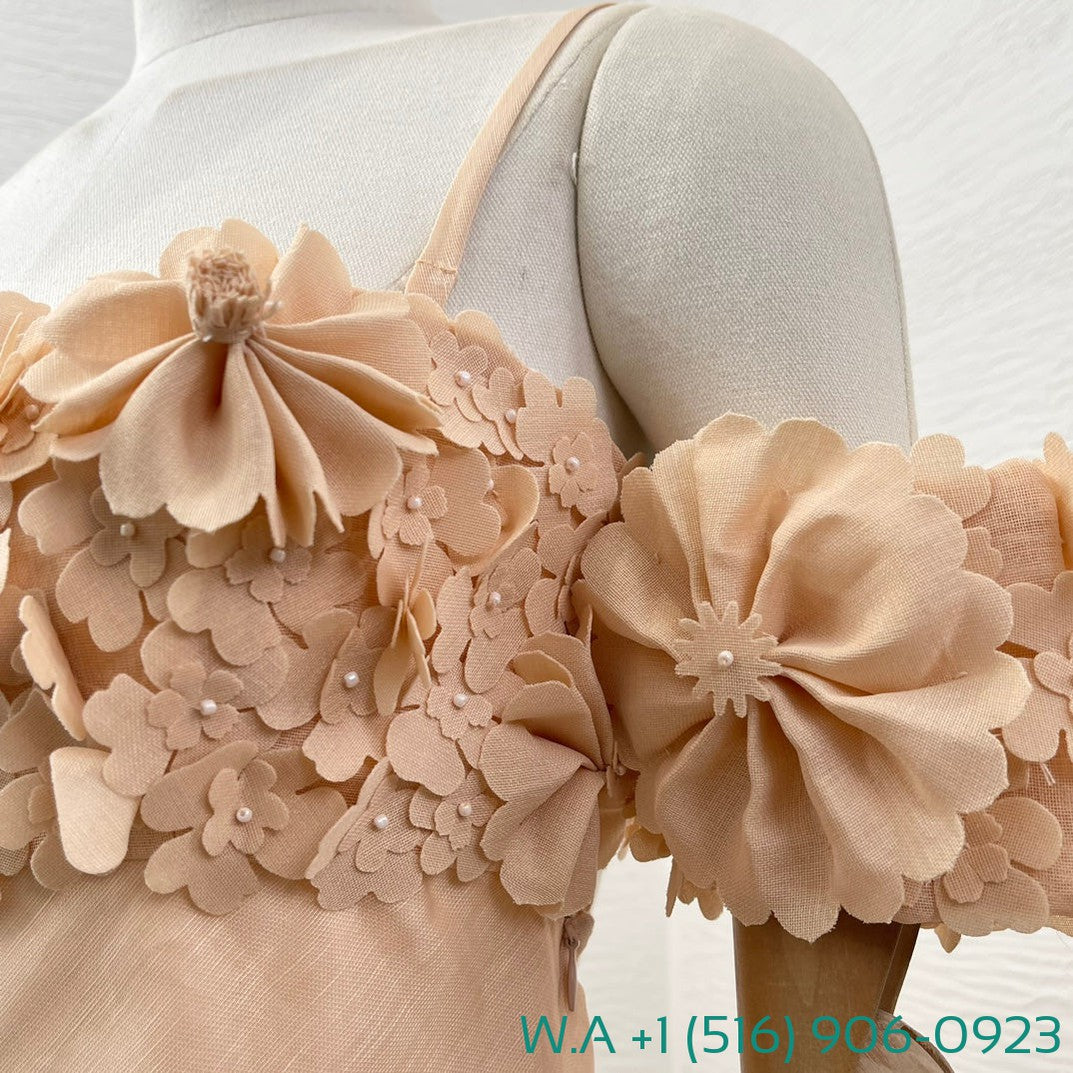 Zimmermann Nude Short Sleeve Flowers Appliqued Off-The-Shoulder Tube Maxi Dress