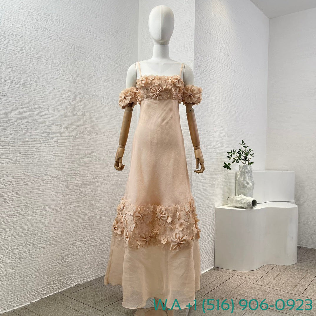 Zimmermann Nude Short Sleeve Flowers Appliqued Off-The-Shoulder Tube Maxi Dress
