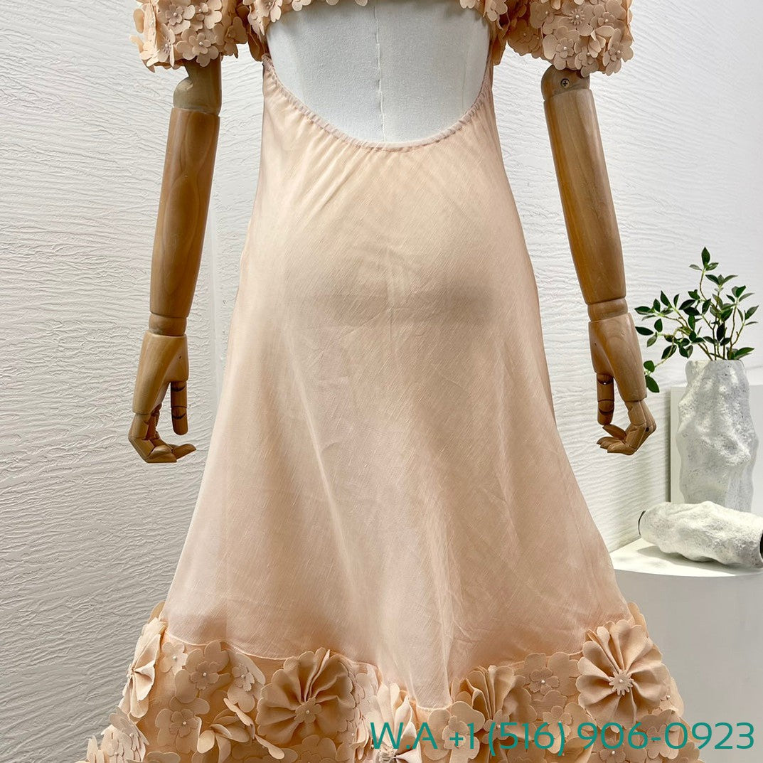 Zimmermann Nude Short Sleeve Flowers Appliqued Off-The-Shoulder Tube Maxi Dress