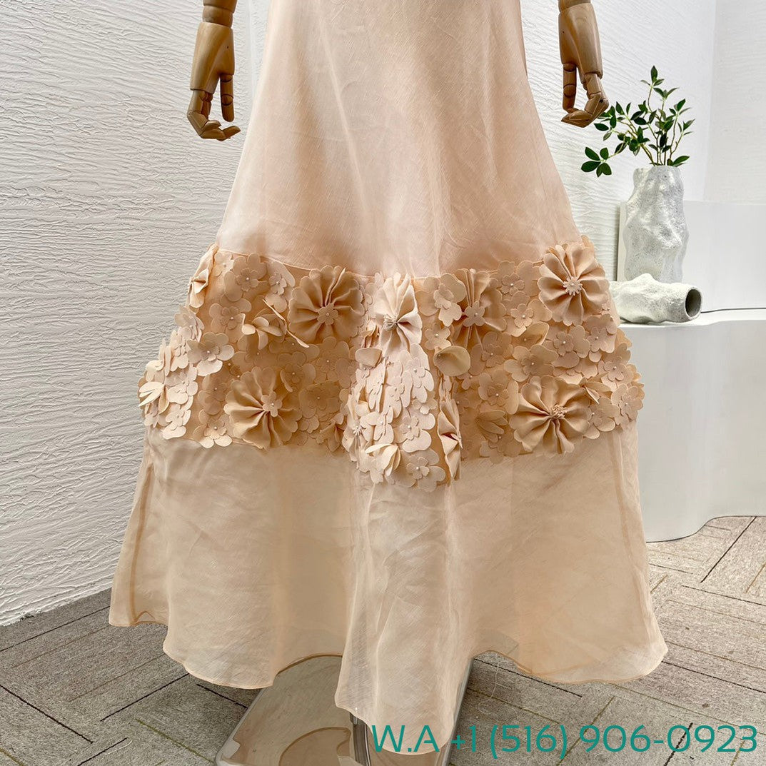 Zimmermann Nude Short Sleeve Flowers Appliqued Off-The-Shoulder Tube Maxi Dress