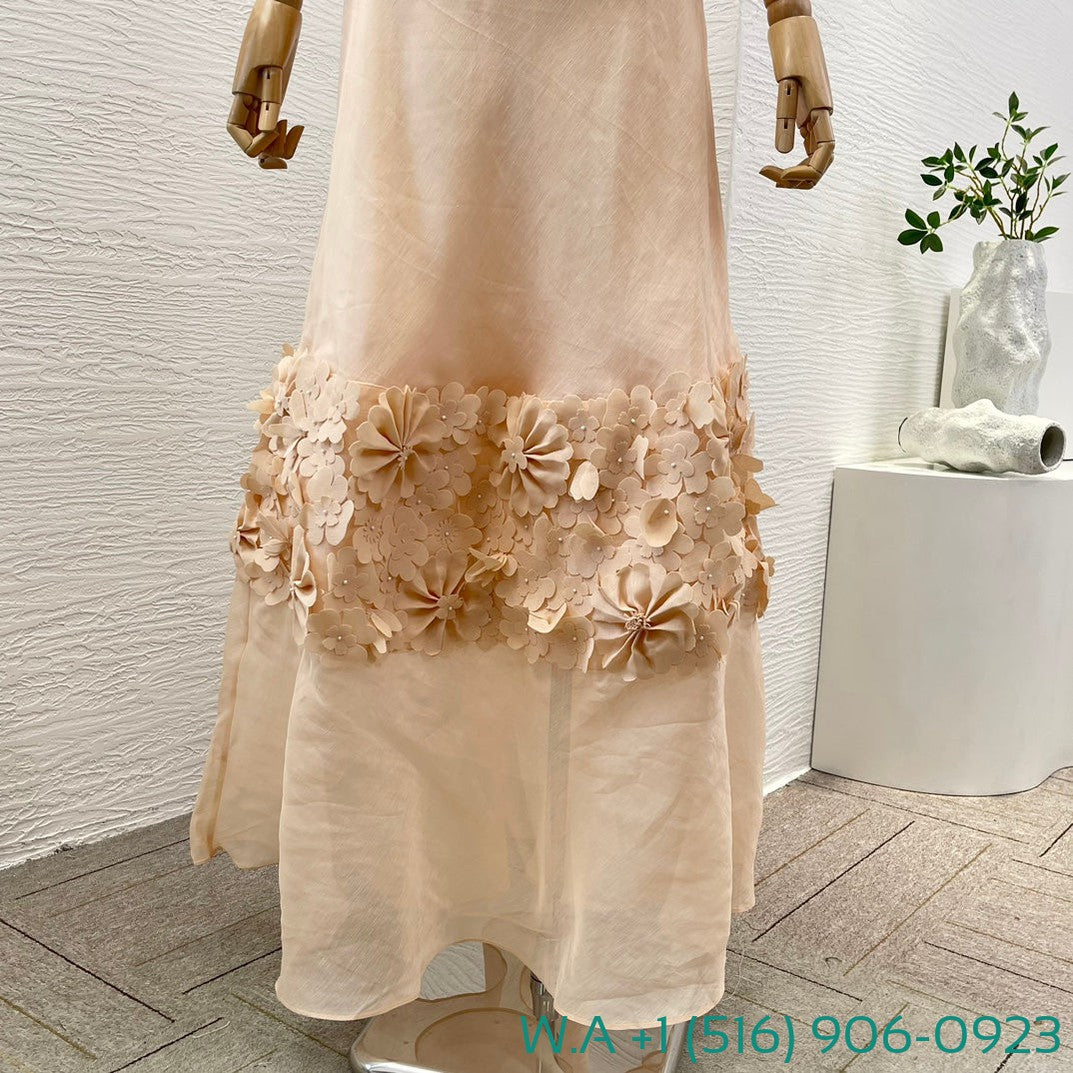 Zimmermann Nude Short Sleeve Flowers Appliqued Off-The-Shoulder Tube Maxi Dress