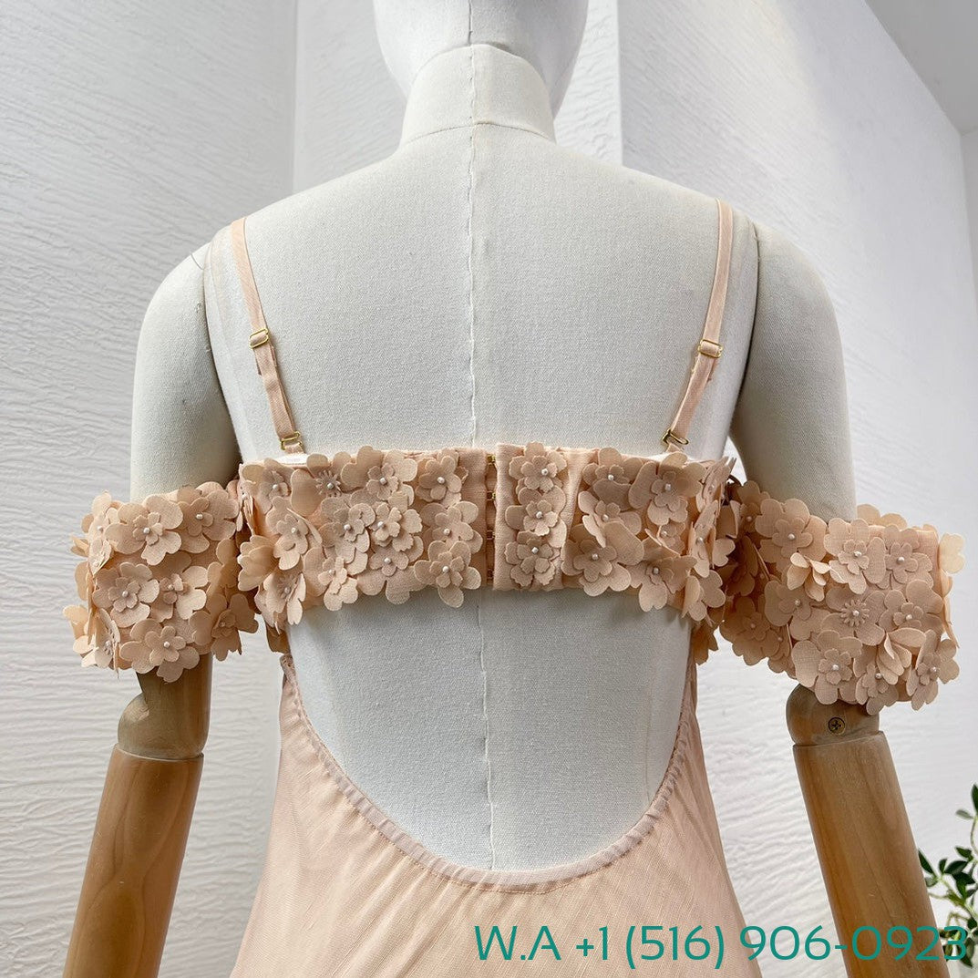 Zimmermann Nude Short Sleeve Flowers Appliqued Off-The-Shoulder Tube Maxi Dress